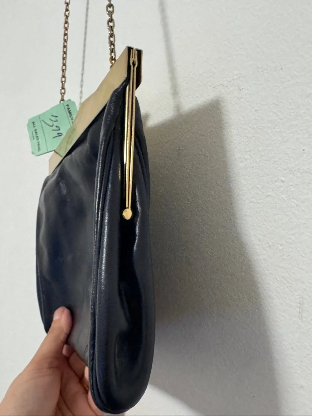 Letrice Vintage Black Leather Frame Clutch Shoulder Bag Gold Tone‎ Chain Purse
